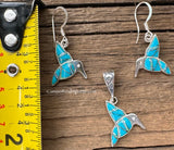 Sterling Silver Set Turquoise and Opal Inlay Humming Bird Pendant and Earrings STSPE008