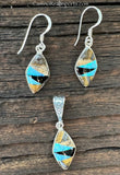 Sterling Silver Set Onix and Opal Inlay Pendant and Earrings STSPE003