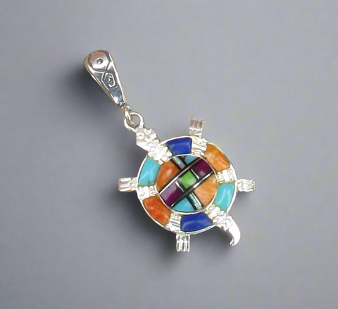 Sterling Silver Multi-Stone Inlay Turtle Pendant STSP0046