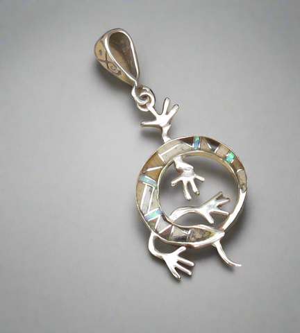 Sterling Silver Onyx and Opal Inlay Lizard Pendant STSP0045
