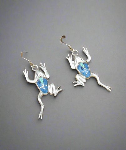 Sterling Silver Denim Lapis and Opal Inlay Frog Earrings STER042