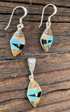 Sterling Silver Set Onix and Opal Inlay Pendant and Earrings STSPE003