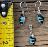 Sterling Silver Set Black Onix and Opal Inlay Pendant and Earrings STSPE006