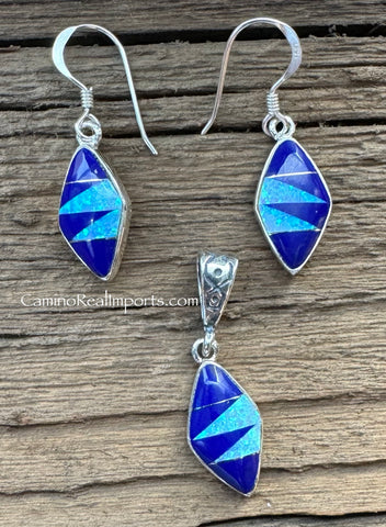 Sterling Silver Set Lapis Lazuli and Opal Inlay Pendant and Earrings STSPE005