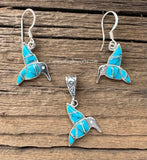 Sterling Silver Set Turquoise and Opal Inlay Humming Bird Pendant and Earrings STSPE008