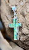 Sterling Silver Green Turquoise and Opal Inlay Cross Pendant STSP0020