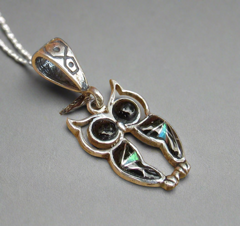 Sterling Silver Black Onyx and Opal Owl Pendant STSP0033