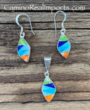 Sterling Silver Set Multi Stone Inlay Pendant and Earrings STSPE004