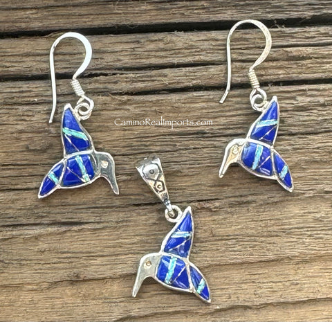 Sterling Silver Set Lapis Lazuli and Opal Inlay Humming Bird Pendant and Earrings STSPE009