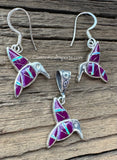 Sterling Silver Set Sugilite and Opal Inlay Humming Bird Pendant and Earrings STSPE007