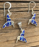 Sterling Silver Set Lapis Lazuli and Opal Inlay Humming Bird Pendant and Earrings STSPE009