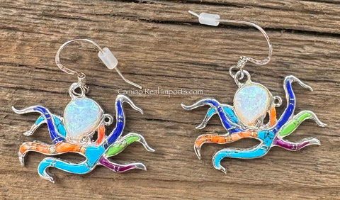 Octopus Earrings Sterling Multi Stone Inlay TSC025