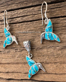 Sterling Silver Set Turquoise and Opal Inlay Humming Bird Pendant and Earrings STSPE008
