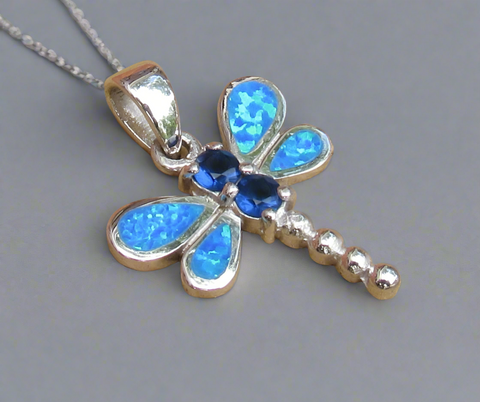 Sterling Silver Blue Topaz and Opal Dragonfly Pendant STSP0032