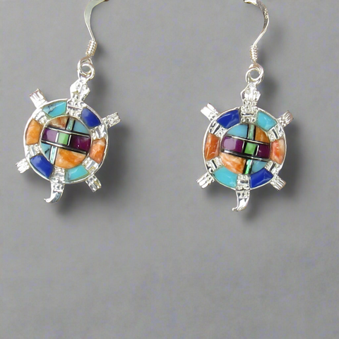 Sterling Silver Multi-Stone Inlay Turtle Earrings STER028