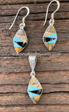 Sterling Silver Set Onix and Opal Inlay Pendant and Earrings STSPE003