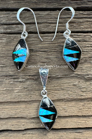Sterling Silver Set Black Onix and Opal Inlay Pendant and Earrings STSPE006