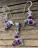 Sterling Silver Set Sugilite and Opal Inlay Humming Bird Pendant and Earrings STSPE007