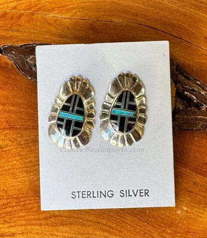 Sterling Silver Black Onyx and Opal Inlay Earrings STER031