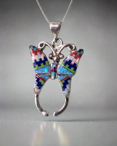 Sterling Silver Multi-stone Opal Inlay Butterfly Pendant STSP0054