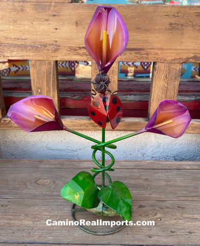 3 Metal Calla Lily Flowers with Butterfly Yard Or Garden Decor MRFB028