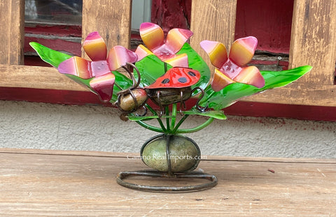 Metal Flowers With Ladybug Yard Or Garden Decor MRFB042