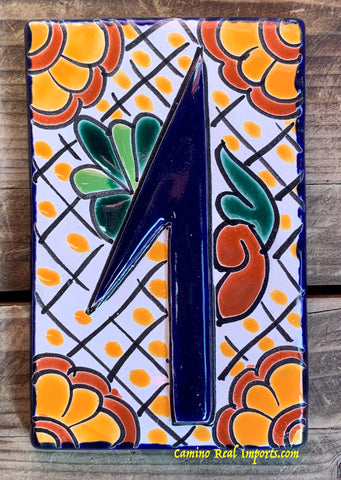 Talavera Tile House Numbers White with yellow dots Design