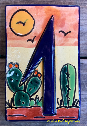 Talavera Tile House Numbers Cactus with Blue Border Desert Design