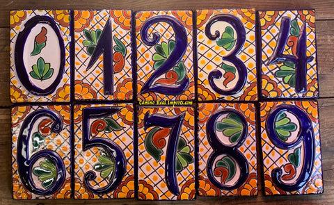 Talavera Tile House Numbers White with yellow dots Design