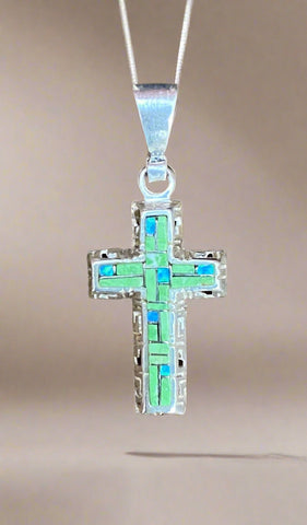 Sterling Silver Green Turquoise and Opal Inlay Cross Pendant STSP0020