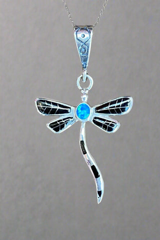 Sterling Silver Spiny Black Onix and Opal Dragonfly Pendant STSP0018