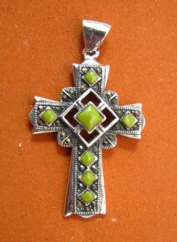 Gaspeite Marcasite Cross Silver Pendant TSC005