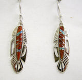 Sterling Silver Set Red Sponge Coral and Opal Inlay Feather Pendant and Earrings TSC012