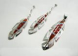 Sterling Silver Set Red Sponge Coral and Opal Inlay Feather Pendant and Earrings TSC012