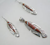 Sterling Silver Set Red Sponge Coral and Opal Inlay Feather Pendant and Earrings TSC012