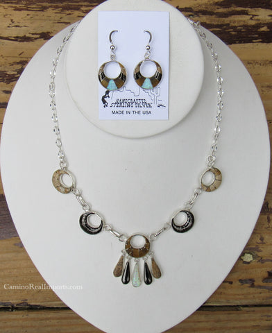 Sterling Silver Set Inlay Stone Necklace and Matching Earring Set SSMES002