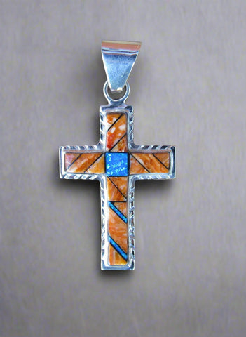 Sterling Silver Spiny Oyster and Opal Cross Pendant STSP0017