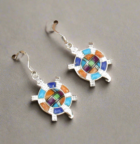 Sterling Silver Multi-Stone Inlay Turtle Earrings STER030