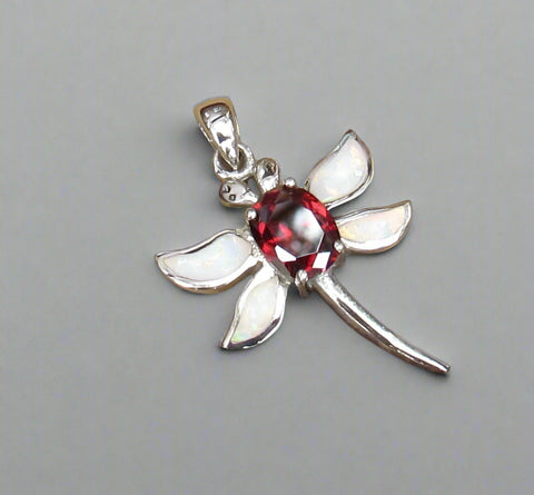 Sterling Silver Red Topaz and Opal Inlay Dragonfly Pendant STSP0053
