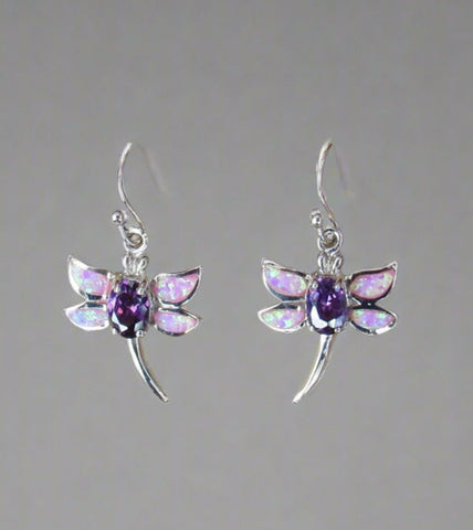 Sterling Silver Amethyst and Opal Inlay Dragonfly Earrings STER046