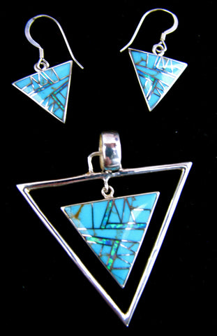 Sterling Silver Set Turquoise and Opal Inlay Triangle Pendant and Earrings TSC049