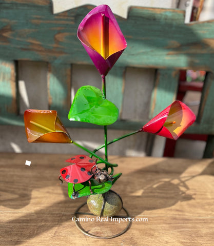 3 Metal Calla Lily Flowers with Lady Bug Yard Or Garden Decor MRFB030